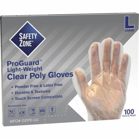 The Safety Zone Disposable Gloves, High Density Poly, L, 100 PK, Clear SZNGDPELG